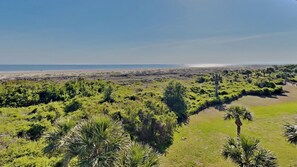 A coastal landscape with dense greenery and a beach in the distance.