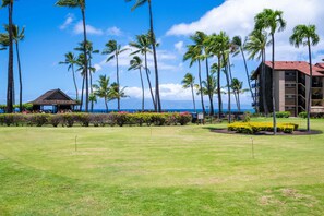 A golf course with a view of the ocean, palm trees, and a building with a red roof.