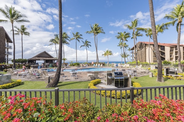 A resort pool area with lounge chairs, a barbecue grill, and palm trees.