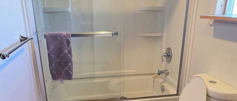 Een badkamer met een douchecabine, een toilet en een bad.