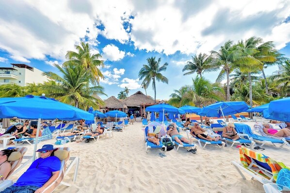 Une plage avec des chaises longues et des parasols, des palmiers et, au fond, une structure surmontée d’un toit de chaume.