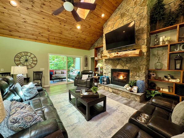 Smart TV, chimenea, reproductor de DVD y libros 