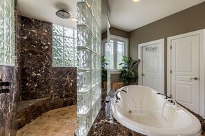 Combined shower/bathtub, jetted bath, hair dryer, towels