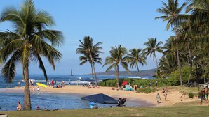 A beach scene with palm trees, a clear sky, and people enjoying the beach. - Nihi Kai 422 Ocean Views, 5 Minute Walk to Beach, Five Stars. Booking Specials! (Koloa)