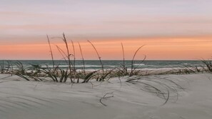 A beach with sand dunes and grasses in the foreground, leading to the ocean.