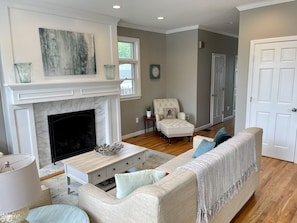 TV, fireplace, books