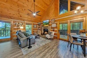 Smart TV, chimenea y libros