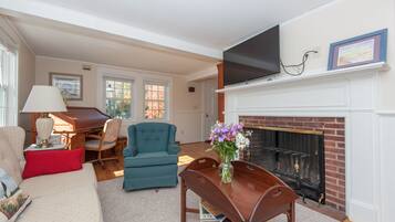 Smart TV, fireplace, books