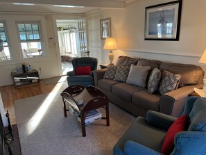 Smart TV, fireplace, books