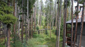 A forested area with a wooden cabin featuring a stone exterior and a wooden deck. - Breckenridge Peak 8 True Ski-In Ski-Out At Over 10,000 Ft. (Breckenridge)
