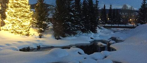 Un paysage enneigé avec un sapin de Noël illuminé, une rivière et des arbres à feuilles persistantes.
