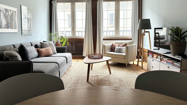A modern living room with a grey sofa, a white armchair, a coffee table, and a TV on a stand. - Bright & Stylish •  Heart of Old City •  Great Design (Berne)