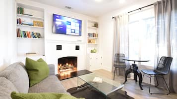 Smart TV, fireplace, books