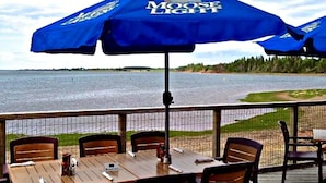 Une terrasse avec une table et des chaises, un parasol bleu orné du logo « Moose Light », et une vue sur un lac.
