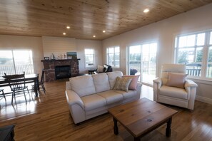 Smart TV, fireplace, books, video library