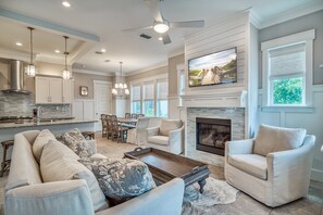 Flat-screen TV, fireplace, DVD player, stereo