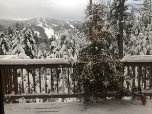 Une terrasse enneigée, décorée d’un sapin de Noël et d’un bonhomme de neige.