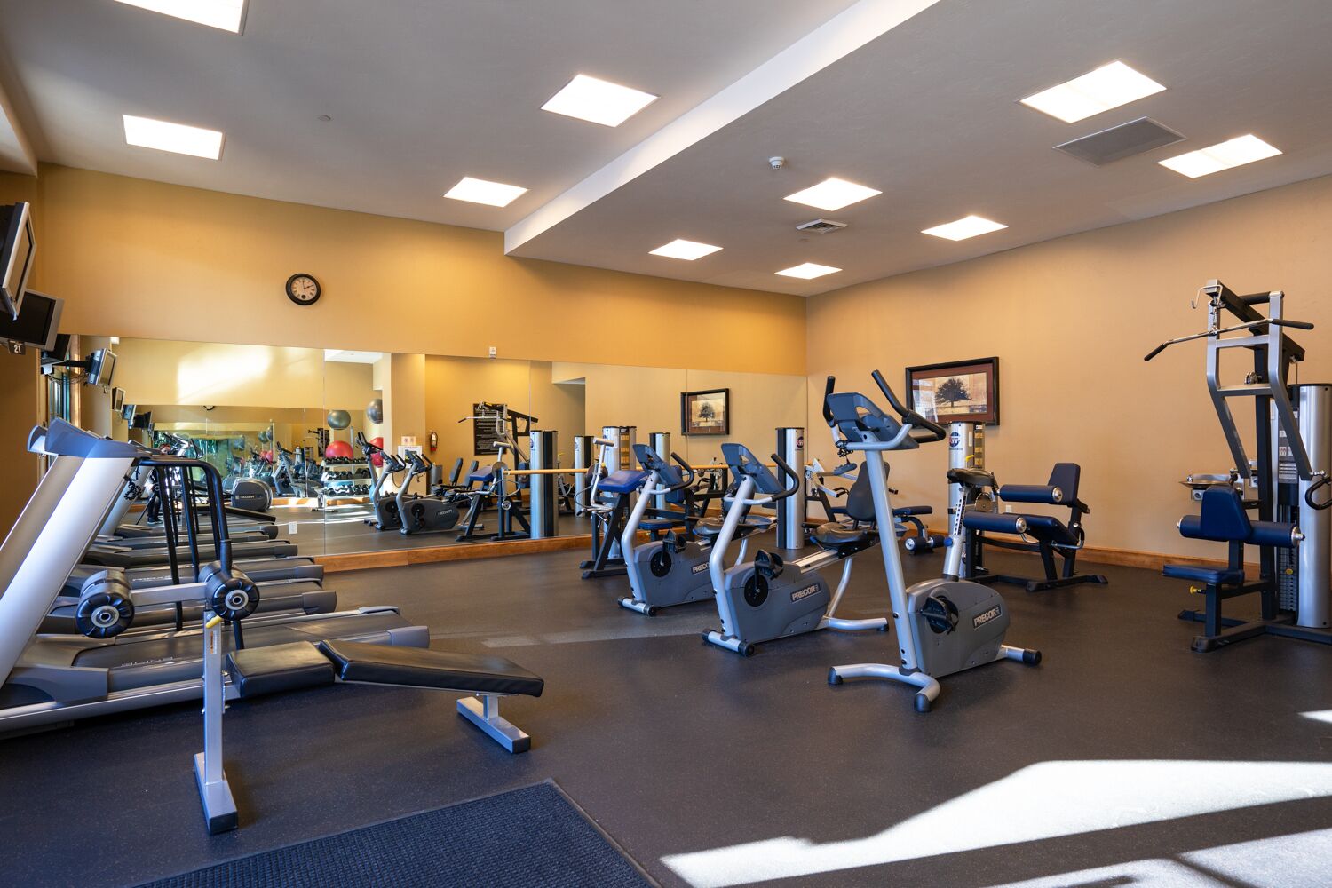 Et fitnesscenter med løbebånd, crosstrainere og styrkeudstyr.
