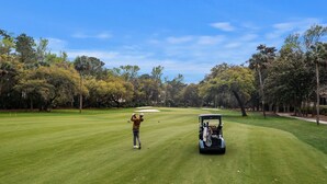 Un terrain de golf avec un golfeur et un chariot de golf.