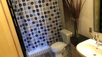 Hair dryer, towels, soap, shampoo