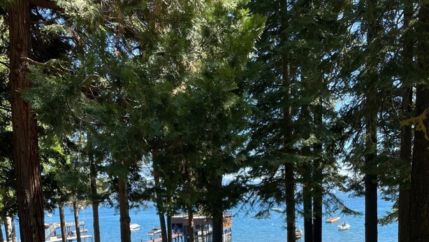 A wooden bar with a stone countertop, surrounded by metal chairs, overlooking a lake with boats and a pier. - Cozy Private Lakefront Cottage Surrounded By Lush Trees (Carnelian Bay)