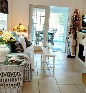 TV, fireplace, DVD player, books