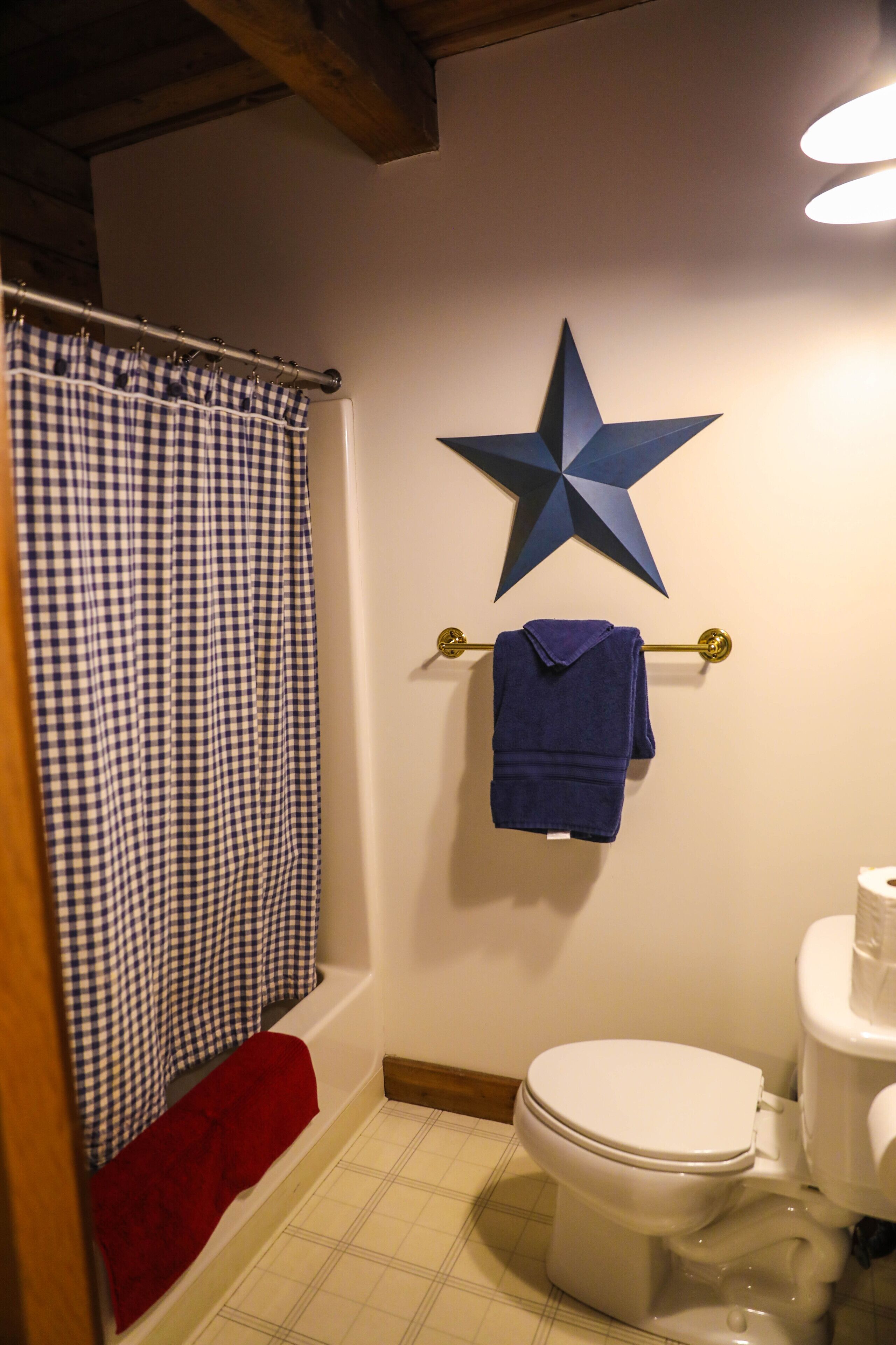 Un baño con cortina de ducha a cuadros, un adorno con forma de estrella en la pared y un perchero con una toalla.