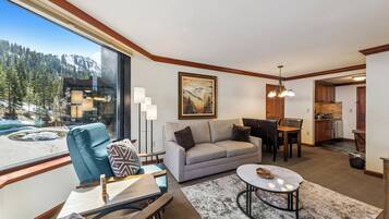 Smart TV, fireplace, DVD player, music library