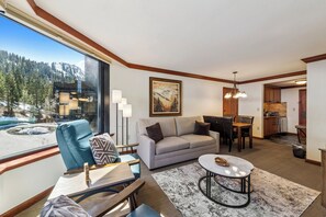 Smart TV, fireplace, DVD player, music library