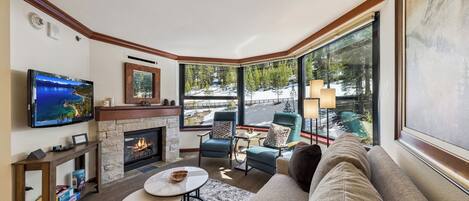 Smart TV, fireplace, DVD player, music library