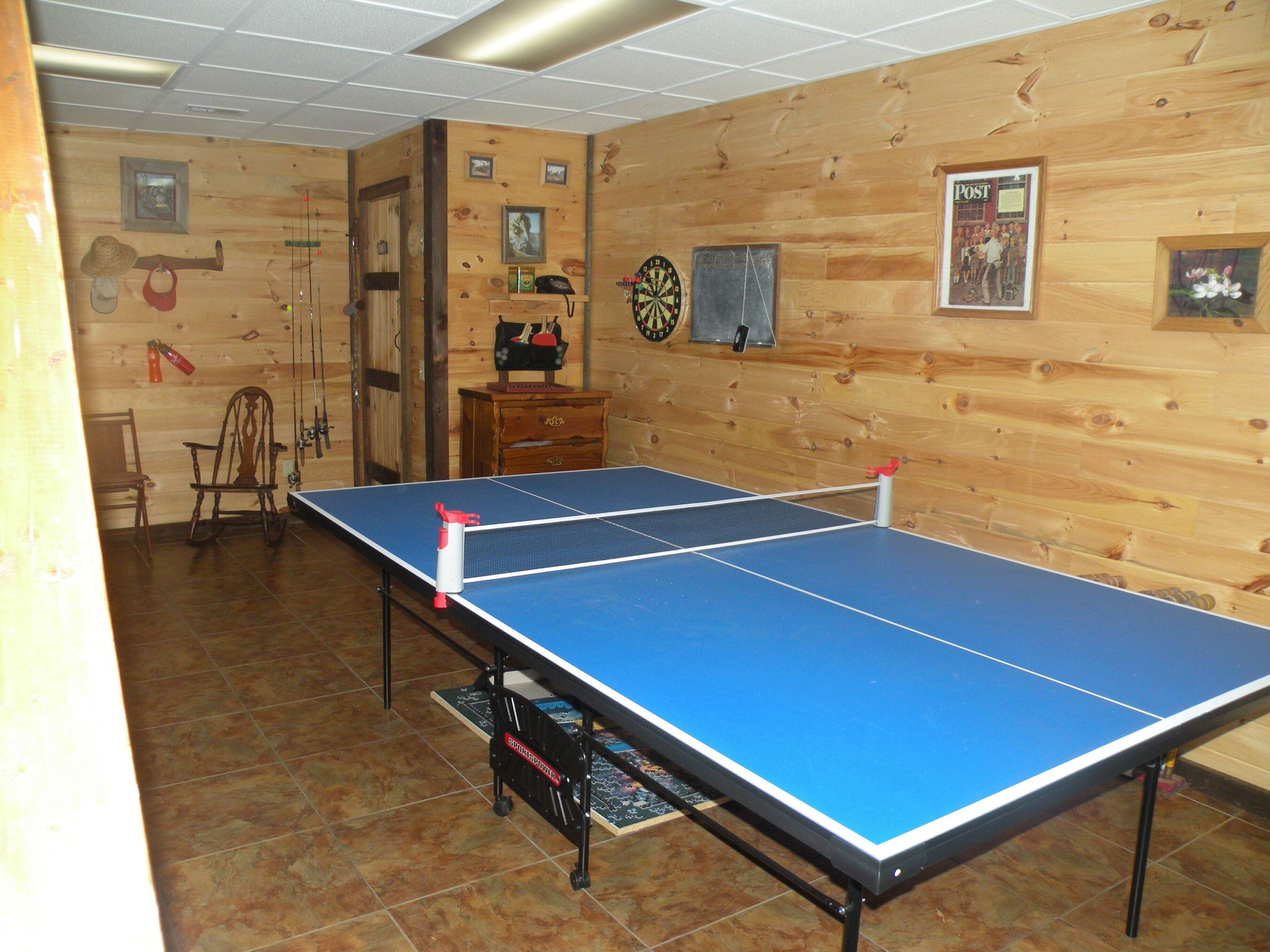 Una mesa de ping pong en una habitación con paredes de madera, un dardo y un pequeño armario de madera.