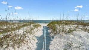Ein Strandweg führt zum Meer, gesäumt von Sand und vereinzelten Pflanzen.