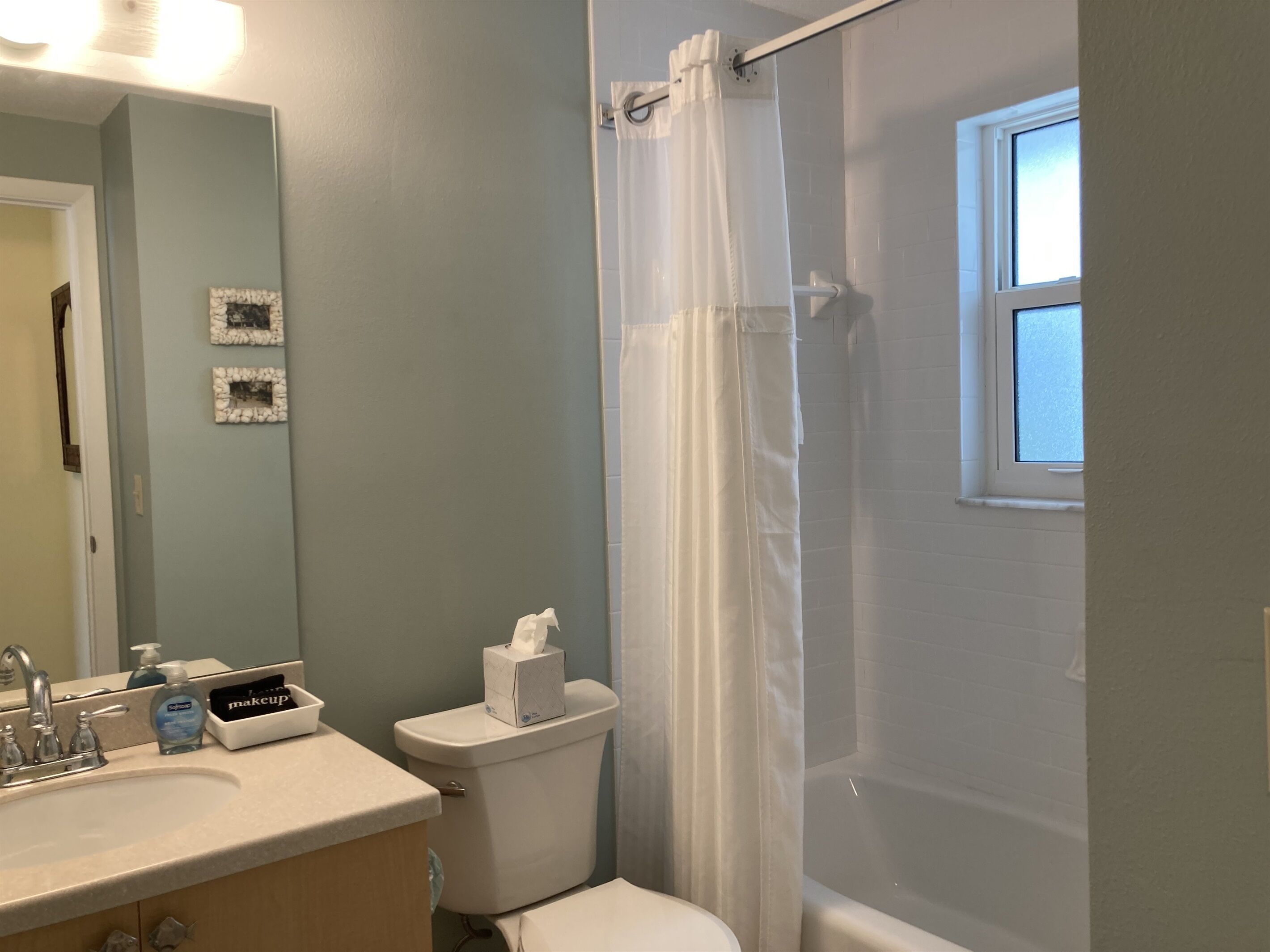 A bathroom with a toilet, sink, and shower curtain.