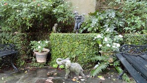 A garden with a hedge, potted plants, and a statue of a child. - 1 Bedroom Cottage in the Old Historic District. Free Street Parking.  (Charleston)
