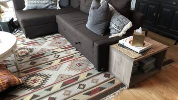 Smart TV, fireplace, DVD player, books
