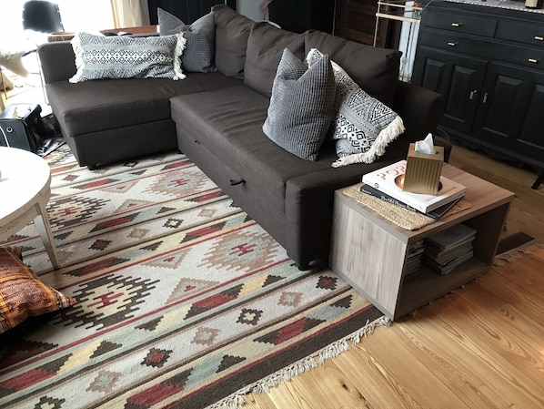 Smart TV, fireplace, DVD player, books