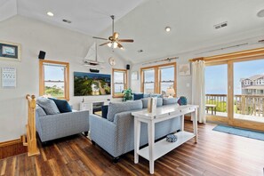 Smart TV, fireplace, DVD player, foosball