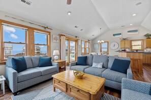 Smart TV, fireplace, DVD player, foosball