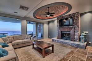 Smart TV, fireplace, stereo, computer monitors