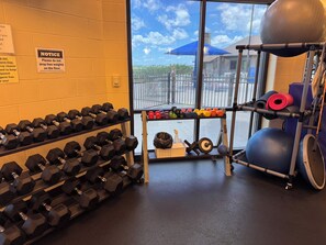 Un gimnasio con mancuernas, pesas de kettlebell, pelotas de ejercicio y un soporte con diferentes pesas.