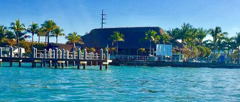 A waterfront property with a dock extending into the water, palm trees, and a building with a thatched roof.