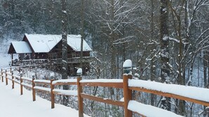 A wooden cabin with a snow-covered roof, surrounded by trees. - Tree House Lodge-Real Log Mountain Paradise (Hiawassee)