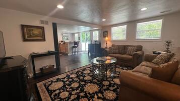 Smart TV, fireplace, books