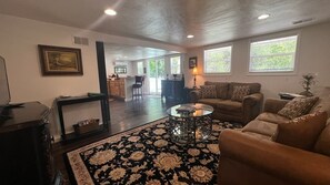 Smart TV, fireplace, books