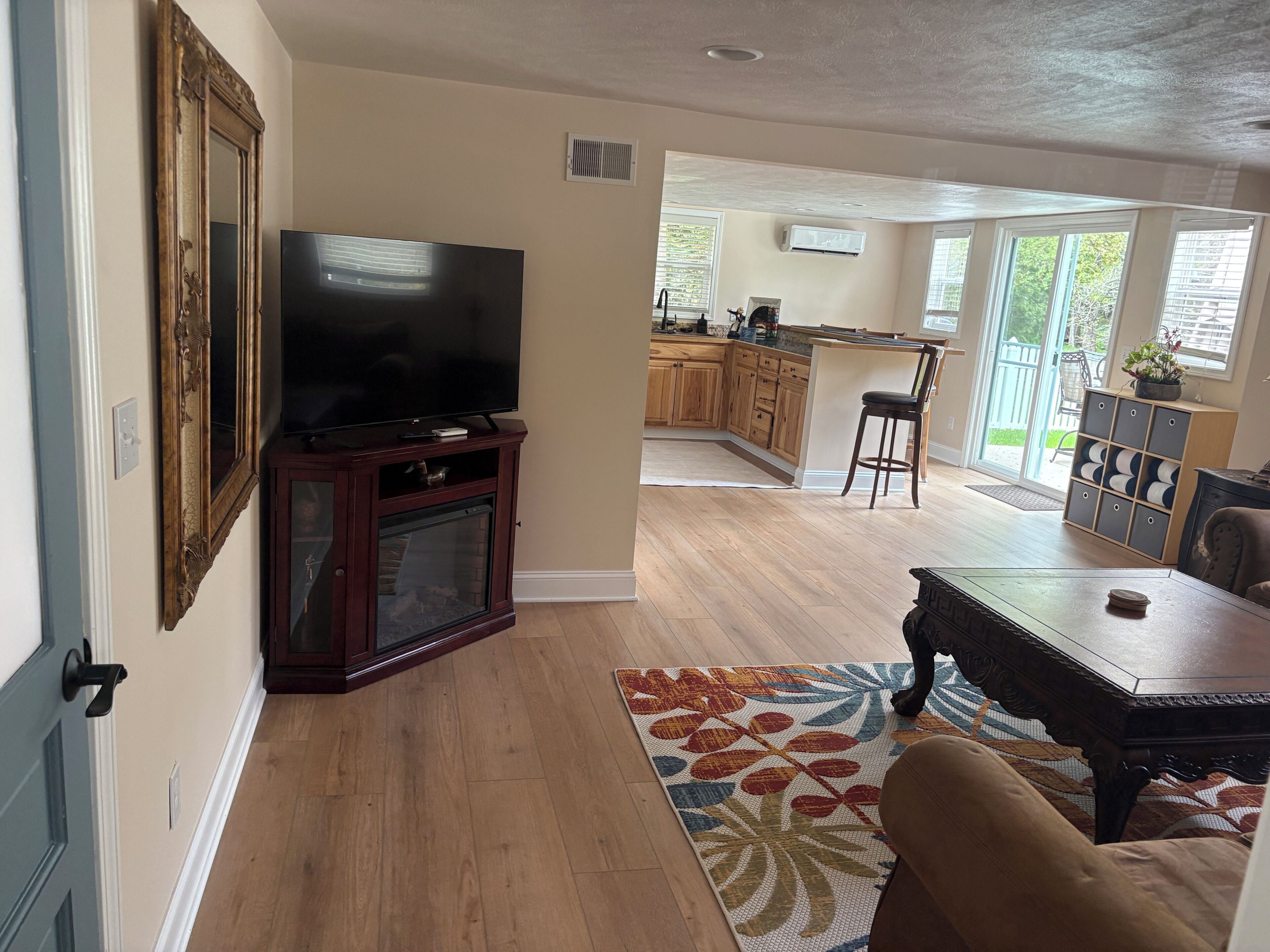 Smart TV, fireplace, books