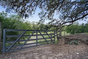 A metal gate with a stone wall and a tree overhead. - Lambert Park | Cozy 2BR Near Bandera Honky-Tonks (Bandera)