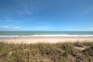 On the beach, sun-loungers, beach towels