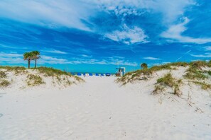 On the beach, sun loungers