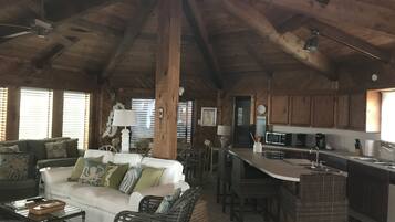 Smart TV, fireplace, books