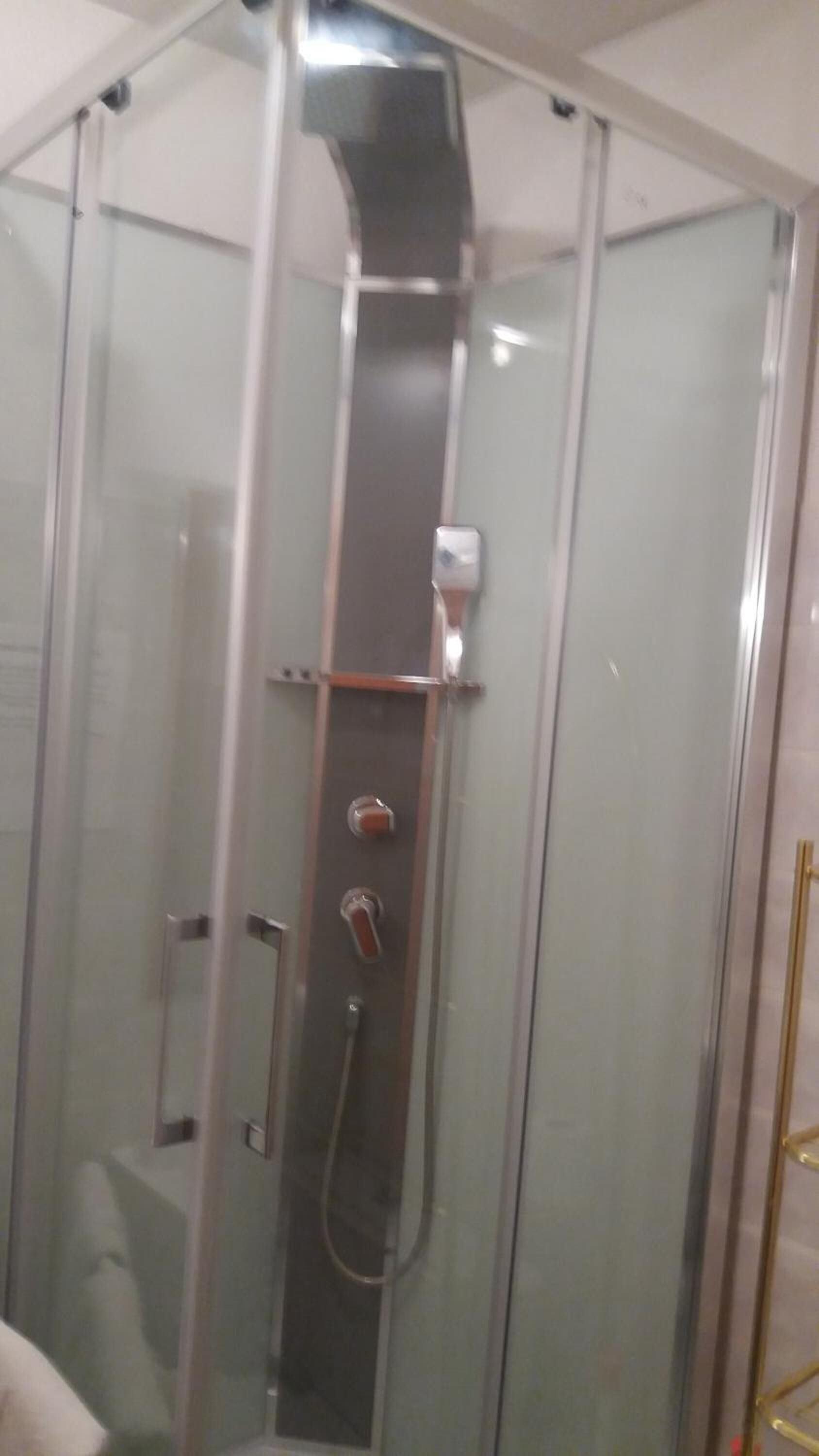 A glass-enclosed shower stall with a handheld showerhead, a handheld shower control, and a wall-mounted faucet.